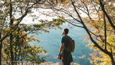 Man standing at peak of mountain